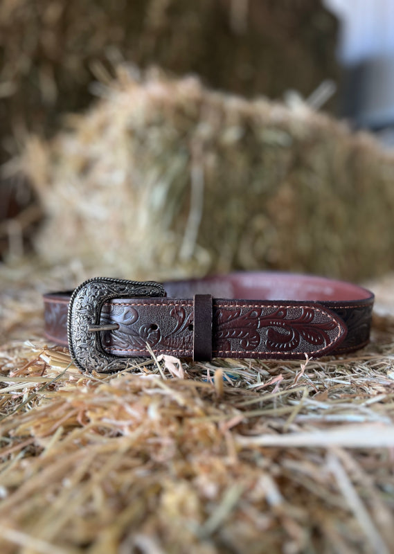 Pilbara Western Dress Buckle Tooled Leather Belt RMPW004 [CLR:Dark Brown SZ:82]