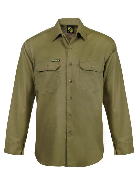Work Craft Lightweight Vented Cotton Drill Shirt Long Sleeve WS4011 [CLR:Khaki SZ:XS]