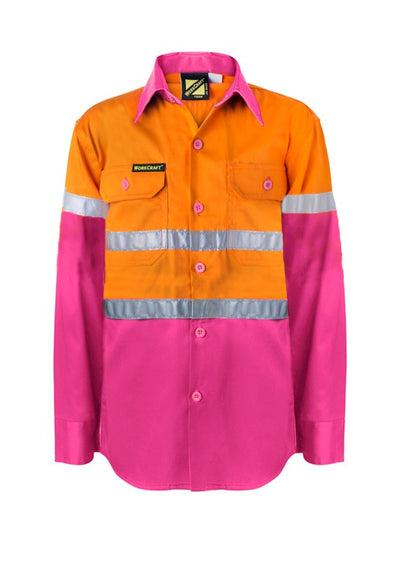Work Craft Kids Hi Vis CSR Taped LS Shirt WSK125 [SZ:0 CLR:Navy/Orange]