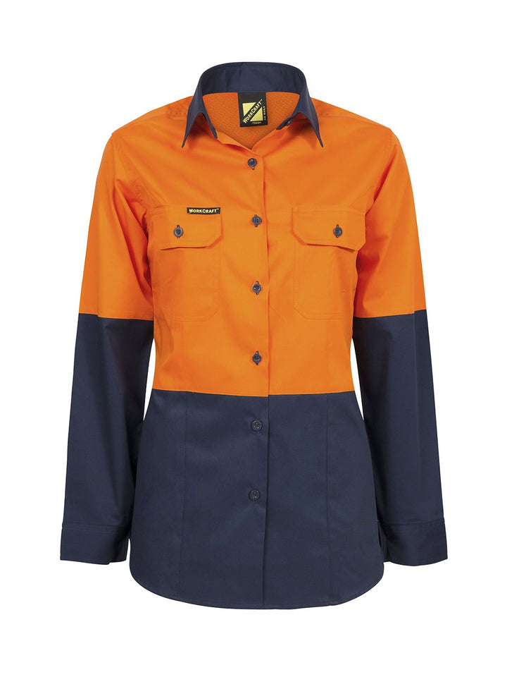 WorkCraft Ladies Hi Vis Two Tone Lightweight Vented Cotton Drill Shirt LS WSL502